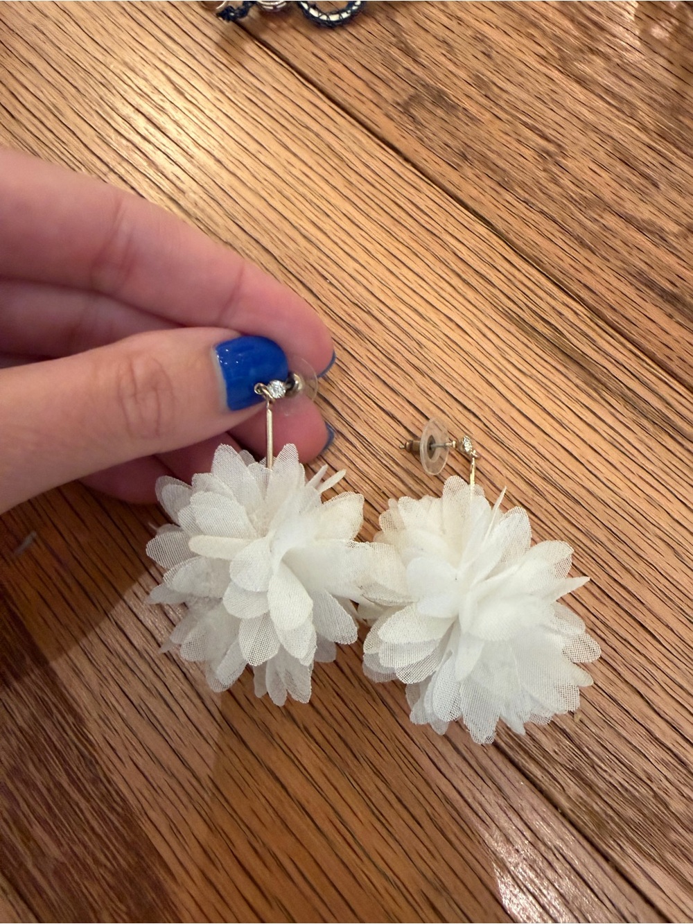 White Floral Pom Pom Dangle Earrings